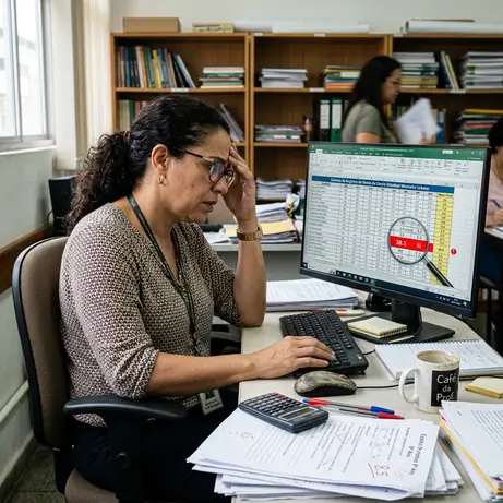 Ícone ilustrativo de professor com expressão de cansaço, olhando para a tela do computador
