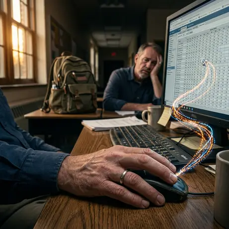 Ícone ilustrativo de professor com expressão de cansaço, olhando para a tela do computador