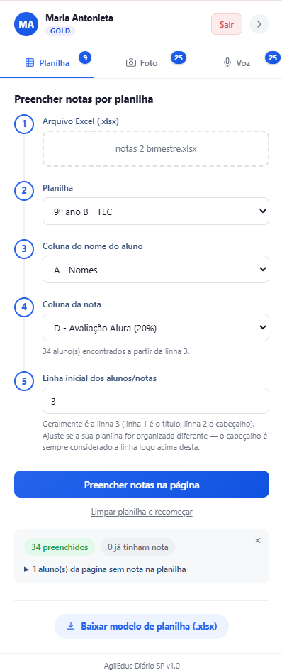 Extensão AgilEduc em uso — tela 1