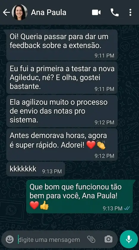 Depoimento de Ana Paula sobre a AgilEduc, em conversa no WhatsApp