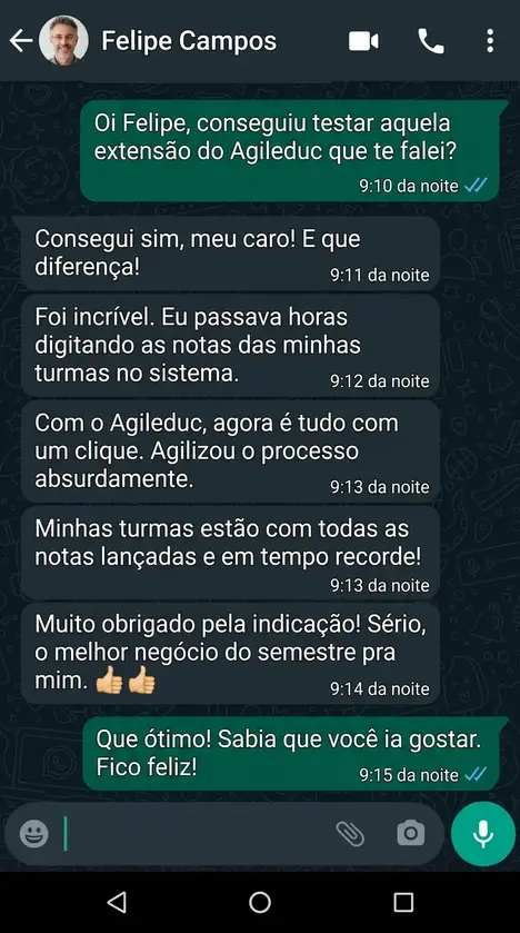 Depoimento de Felipe Campos sobre a AgilEduc, em conversa no WhatsApp