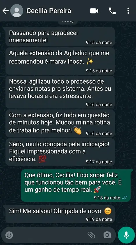 Depoimento de Cecília Pereira sobre a AgilEduc, em conversa no WhatsApp