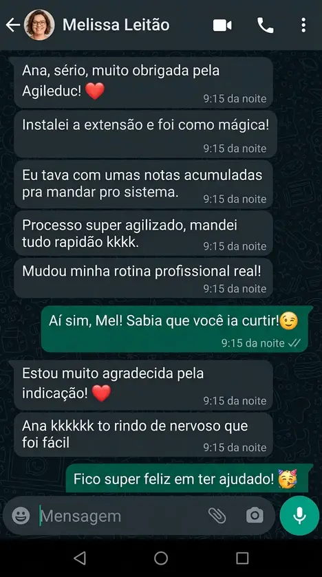 Depoimento de Melissa Leitão sobre a AgilEduc, em conversa no WhatsApp